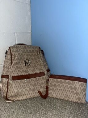 Marco Backpack Beige with Matching Pouch - Brown Trim